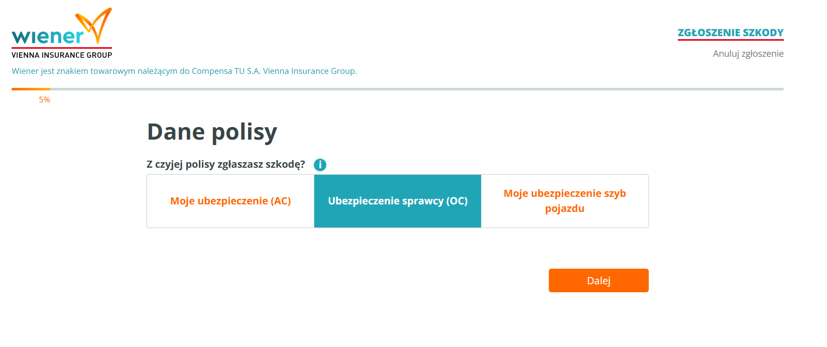 wiener zgłoszenie szkody